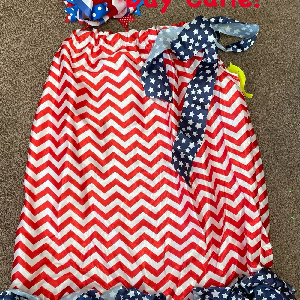 NÉW Independence Day Cutie Girls Sateen Dress and Ott Hairbow 4T-6T USA 250th